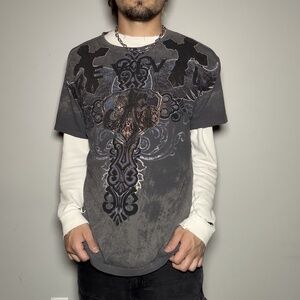 Y2K Skater Grunge Xzavier Shirt XL Gray Cross Wings Graphic Tee Gothic